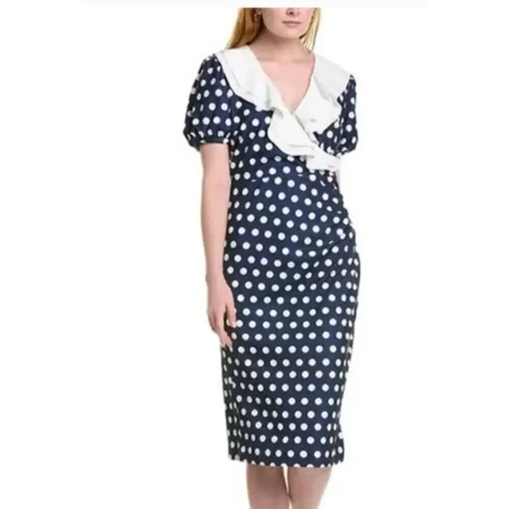 Alexia Admor Dress Ruffle Collar Puff Sleeve Midi Navy & White Polka Dot Medium